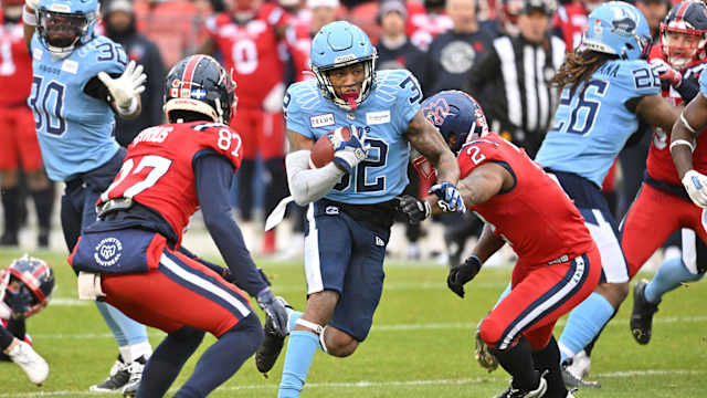 Nov 11, 2023; Toronto, Ontario, CAN; Toronto Argonauts running back Javon Leake (32) returns a kickoff against the Montreal Alouettes half at BMO Field. Mandatory Credit: Dan Hamilton-USA TODAY Sports