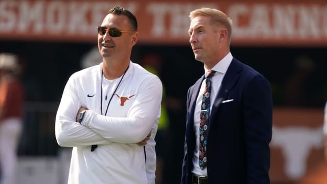Sep 10, 2022; Austin, Texas, USA; Texas Longhorns head coach Steve Sarkisian talks with Fox Sports analyst Joel Klatt before the game against the Alabama Crimson Tide at Darrell K Royal-Texas Memorial Stadium. Mandatory Credit: Scott Wachter-USA TODAY Sports 