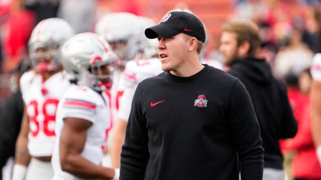 Nov 4, 2023; Piscataway, New Jersey, USA; Ohio State Buckeyes otight ends coach Keenan Bailey watches warm-ups prior to the NCAA football game against the Rutgers Scarlet Knights at SHI Stadium. Ohio State won 35-16. 