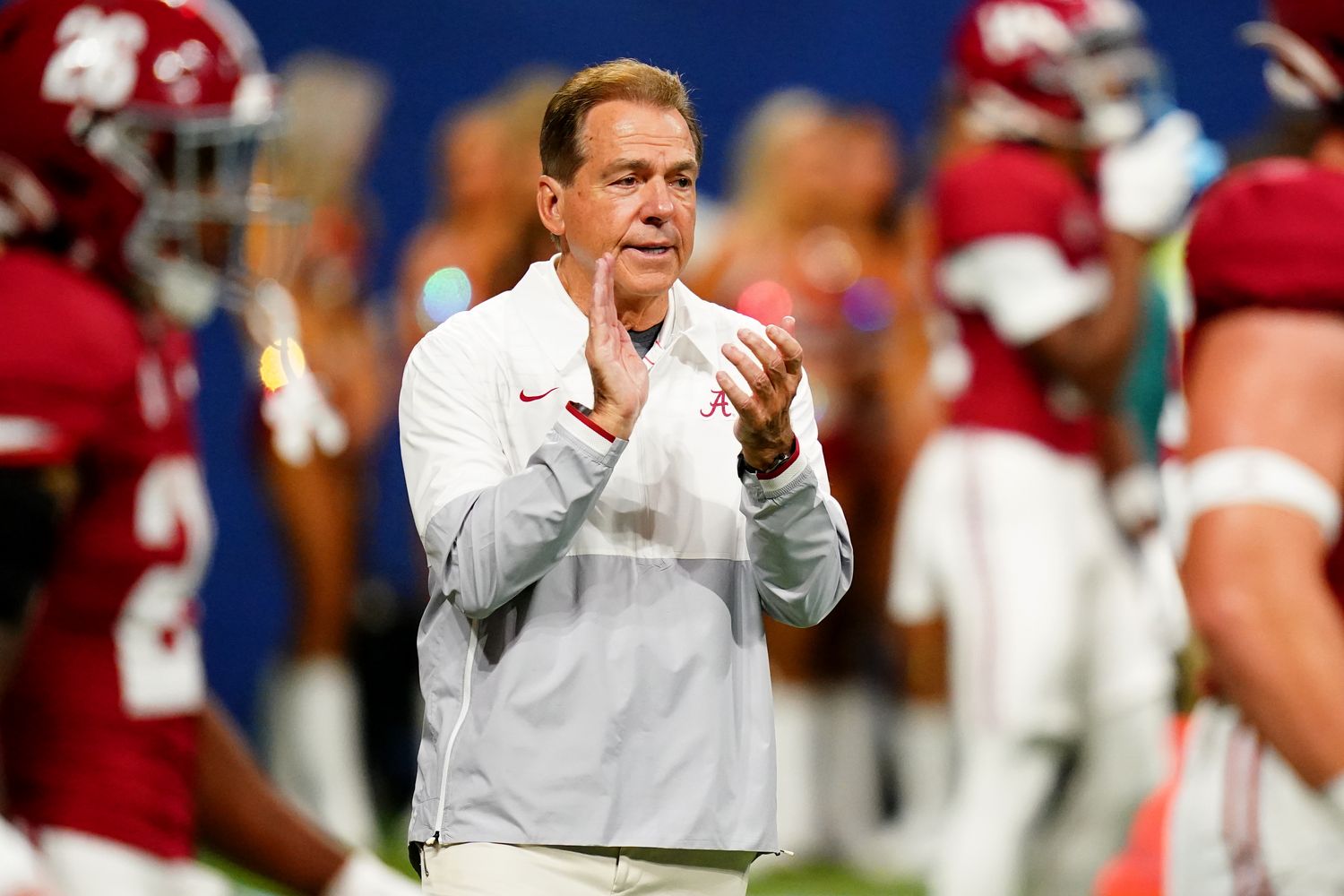Dec 2, 2023; Atlanta, GA, USA; Alabama Crimson Tide head coach Nick Saban looks on before the SEC Championship game against the Georgia Bulldogs at Mercedes-Benz Stadium.