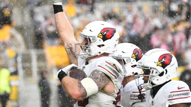 Arizona Cardinals tight end Trey McBride (85) celebrates a touchdown against the Pittsburgh Steelers during the second quarter at Acrisure Stadium.