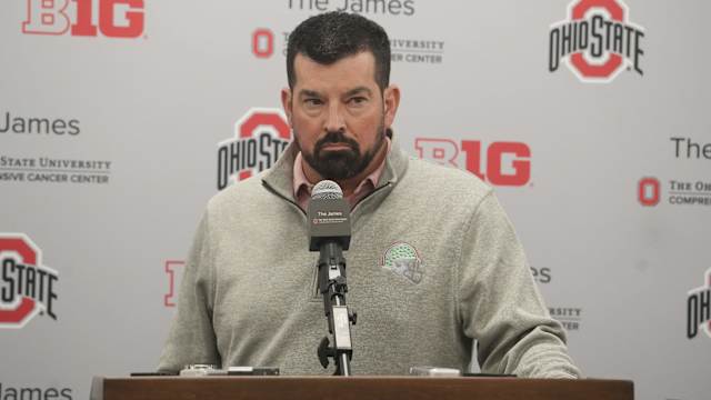 Dec 3, 2023; Columbus, Ohio, USA; Ohio State University footbal coach Ryan Day looks dejected as he describes getting shut out of the CFP and going to the Cotton Bowl to face Missouri.  