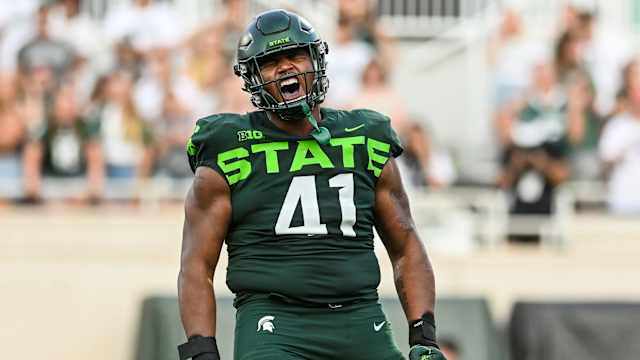 Michigan State's Derrick Harmon celebrates after a tackle for a loss against Akron during the third quarter on Saturday, Sept. 10, 2022, at Spartan Stadium in East Lansing. 220910 Msu Akron Fb 224a
