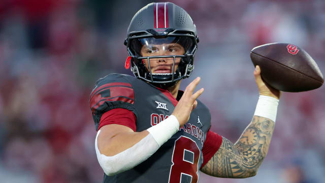 Oklahoma Sooners quarterback Dillon Gabriel throws a pass in warmups against the West Virginia Moutnaineers.