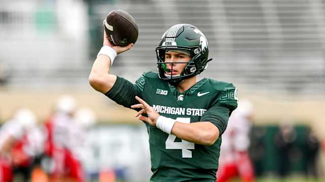 Michigan State's Sam Leavitt throws a pass before the football game against Nebraska on Saturday, Nov. 4, 2023, at Spartan Stadium in East Lansing.
