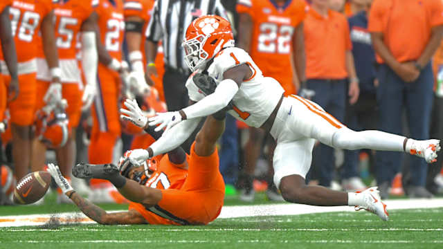 Sep 30, 2023; Syracuse, New York, USA; Clemson Tigers safety Andrew Mukuba (1) breaks up a pass for Syracuse Orange receiver Umari Hatcher (17) during the second quarter at JMA Wireless Dome Mandatory Credit: Ken Ruinard-USA TODAY Sports  
