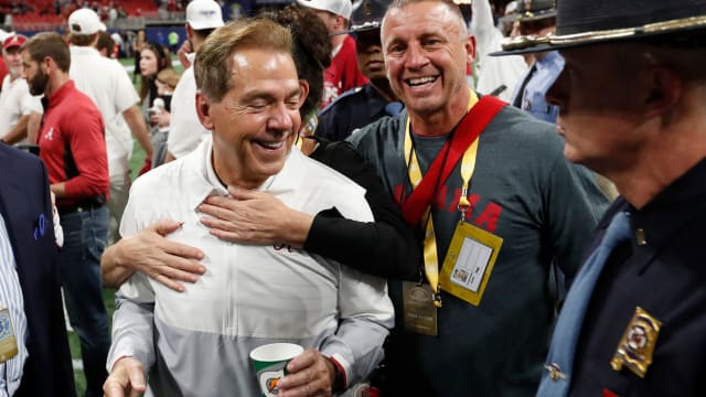 Alabama coach Nick Saban celebrates after winning the SEC Championship game against Alabama at Mercedes-Benz Stadium in Atlanta, on Saturday, Dec. 2, 2023.
