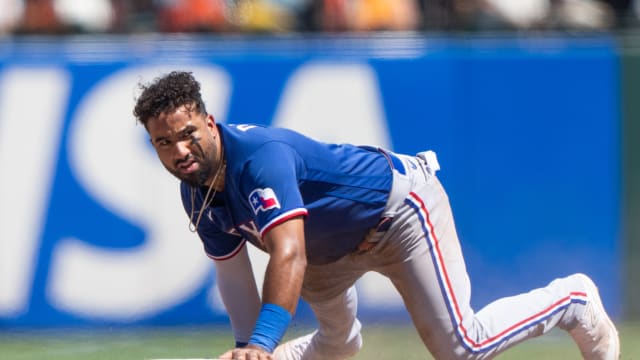 Texas Rangers utility player Ezequiel Duran reacts after sliding into second base during a game in August against the San Francisco Giants at Oracle Park.
