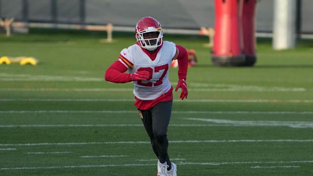 Nov 3, 2023; Frankfurt, Germany; Kansas City Chiefs safety Chamarri Conner (27) participates in special teams drills at DFB Campus. Mandatory Credit: Kirby Lee-USA TODAY Sports  