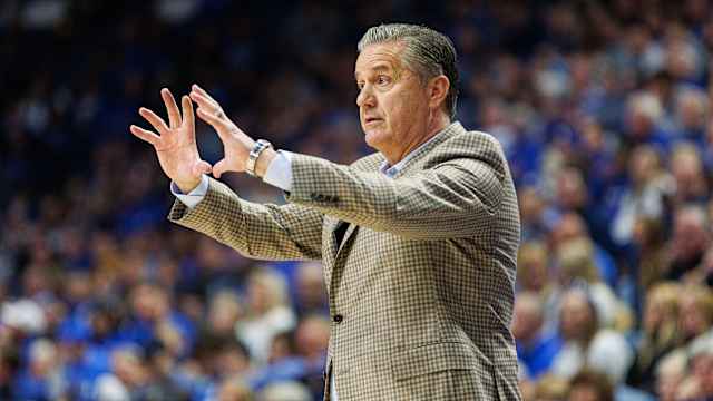 Dec 2, 2023; Lexington, Kentucky, USA; Kentucky Wildcats head coach John Calipari motions to his players during the first half against the North Carolina-Wilmington Seahawks at Rupp Arena at Central Bank Center. Mandatory Credit: Jordan Prather-USA TODAY Sports