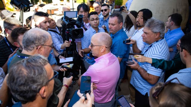 New York Yankees general manager Brian Cashman speaks to the media during the MLB General Manager's Meetings in Scottsdale, Ariz., in November.