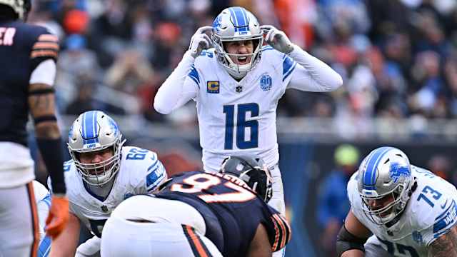 Detroit Lions quarterback Jared Goff calls signals against Chicago Bears.