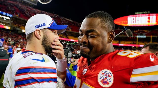 Dec 10, 2023; Kansas City, Missouri, USA; Buffalo Bills quarterback Josh Allen (17) greets Kansas City Chiefs defensive tackle Chris Jones (95) after a game at GEHA Field at Arrowhead Stadium. Mandatory Credit: Jay Biggerstaff-USA TODAY Sports  