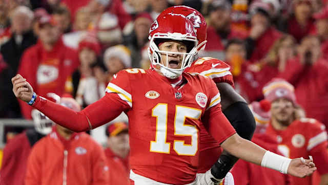 Dec 10, 2023; Kansas City, Missouri, USA; Kansas City Chiefs quarterback Patrick Mahomes (15) gestures to an official after a play against the Buffalo Bills during the second half at GEHA Field at Arrowhead Stadium. Mandatory Credit: Denny Medley-USA TODAY Sports  