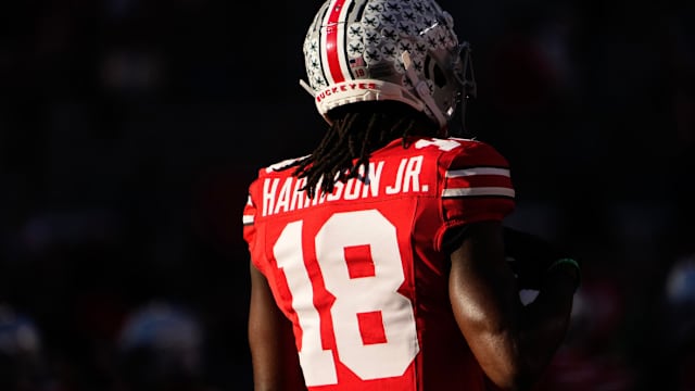 Ohio State Buckeyes wide receiver Marvin Harrison Jr. (18) warms up prior to the NCAA football game against the Minnesota Golden Gophers at Ohio Stadium.