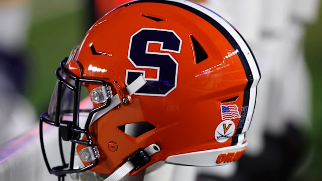 Nov 26, 2022; Chestnut Hill, Massachusetts, USA; The logo of the Syracuse Orange is seen on a helmet during the second half of their game against the Boston College Eagles at Alumni Stadium. Mandatory Credit: Winslow Townson-USA TODAY Sports