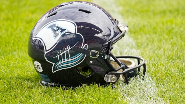 Nov 13, 2022; Toronto, Ontario, CAN; A Toronto Argonauts helmet on the field before a game against the Montreal Alouettes at BMO Field. Mandatory Credit: John E. Sokolowski-USA TODAY Sports  