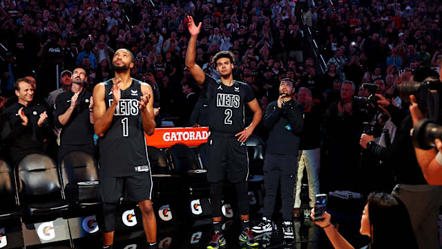 Brooklyn Nets forward Mikal Bridges (1) and forward Cameron Johnson (2)