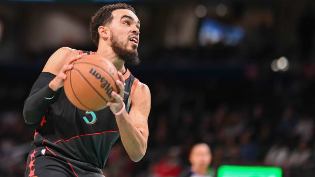 Dec 15, 2023; Washington, District of Columbia, USA; Washington Wizards guard Tyus Jones (5) looks to shoot during the game against the Indiana Pacers at Capital One Arena. Washington Wizards defeated Indiana Pacers 137-123. Mandatory Credit: Tommy Gilligan-USA TODAY Sports