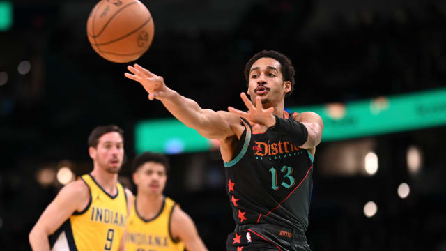 Dec 15, 2023; Washington, District of Columbia, USA; Washington Wizards guard Jordan Poole (13) passes to the outside during the fist half against the Indiana Pacers at Capital One Arena. Mandatory Credit: Tommy Gilligan-USA TODAY Sports