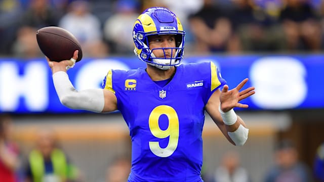 Dec 17, 2023; Inglewood, California, USA; Los Angeles Rams quarterback Matthew Stafford (9) throws against the Washington Commanders during the first half at SoFi Stadium. Mandatory Credit: Gary A. Vasquez-USA TODAY Sports  