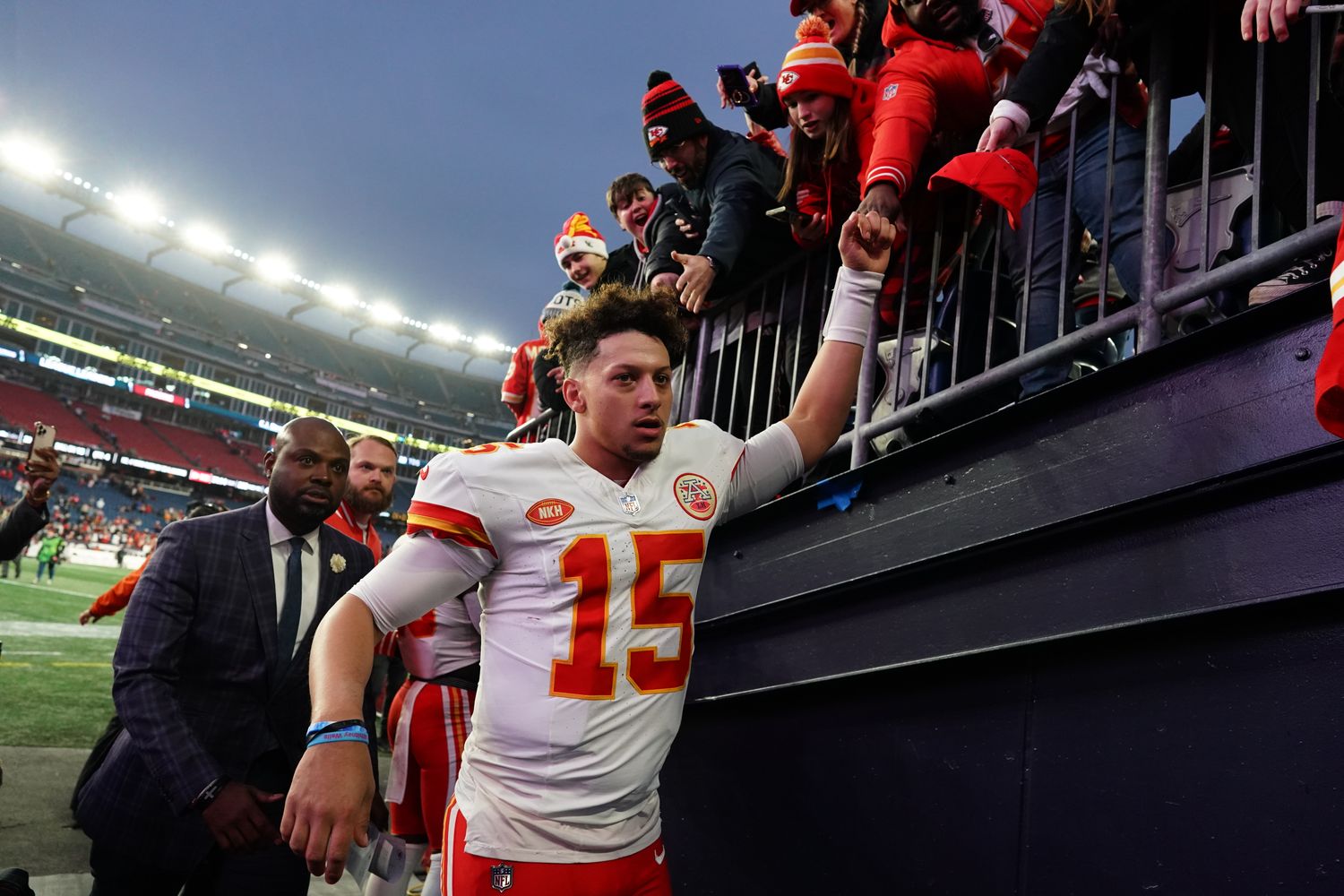 Dec 17, 2023; Foxborough, Massachusetts, USA; Kansas City Chiefs quarterback Patrick Mahomes (15) exits the field after defeating the New England Patriots at Gillette Stadium. Mandatory Credit: David Butler II-USA TODAY Sports  