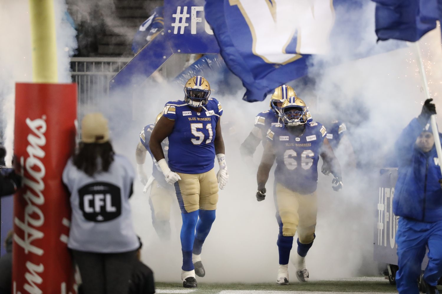 Nov 11, 2023; Winnipeg, Manitoba, CAN; Winnipeg Blue Bombers offensive lineman Jermarcus Hardrick (51) enters the field prior to the game against the BC Lions at IG Field. Mandatory Credit: Bruce Fedyck-USA TODAY Sports  