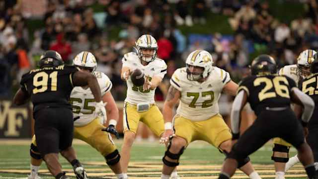 Connor Scaglione (#65) and Weston Franklin (#72) drop back into pass protection against Wake Forest.
