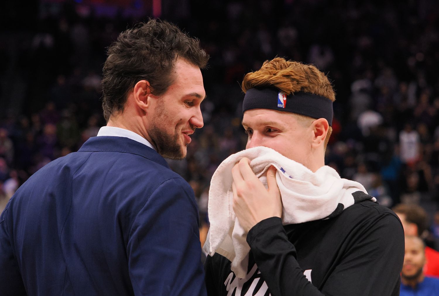 Dec 18, 2023; Sacramento, California, USA; Washington Wizards Danilo Gallinari (lefT) and Sacramento Kings forward/guard Kevin Huerter (right) greet each out after the game at Golden 1 Center. Mandatory Credit: Kelley L Cox-USA TODAY Sports