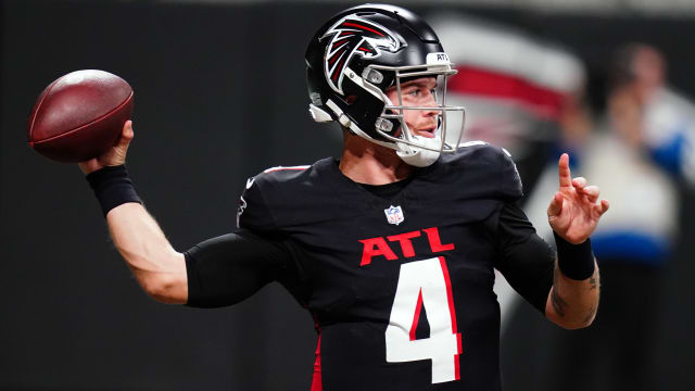 Atlanta Falcons quarterback Taylor Heinicke (4) passing against the Indianapolis Colts during the first half at Mercedes-Benz Stadium.