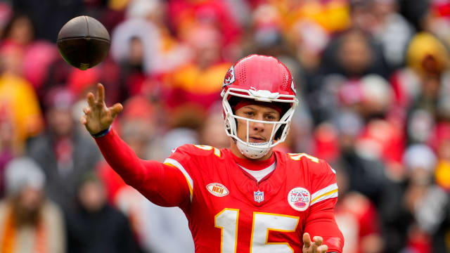 Dec 25, 2023; Kansas City, Missouri, USA; Kansas City Chiefs quarterback Patrick Mahomes (15) throws a pass during the first half against the Las Vegas Raiders at GEHA Field at Arrowhead Stadium. Mandatory Credit: Jay Biggerstaff-USA TODAY Sports  