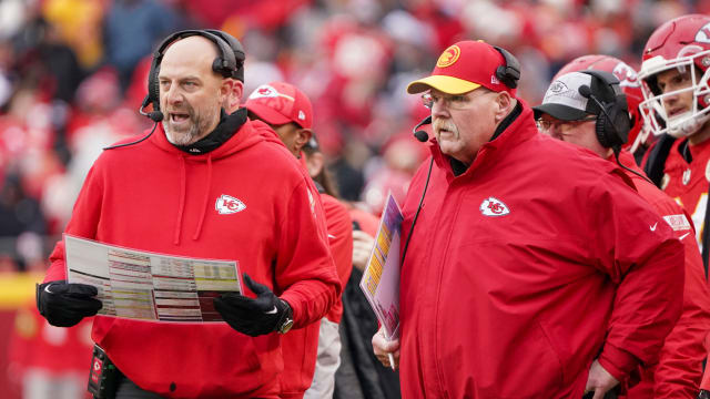 Dec 25, 2023; Kansas City, Missouri, USA; Kansas City Chiefs offensive coordinator Matt Nagy, left, stands next to head coach Andy Ried on field against the Las Vegas Raiders during the second half at GEHA Field at Arrowhead Stadium. Mandatory Credit: Denny Medley-USA TODAY Sports  