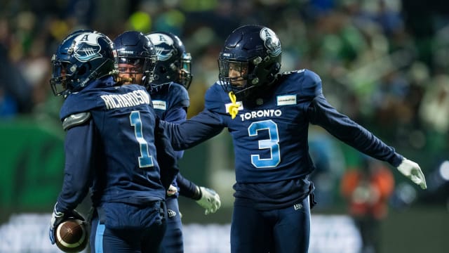 Nov 20, 2022; Regina, Saskatchewan, CAN; Toronto Argonauts defensive back Shaquille Richardson (1) and defensive back Jamal Peters (3) celebrate Richardson s interception against the Winnipeg Blue Bombers in the second half. The Argonauts defeated the Blue Bombers to win the 2022 Grey Cup Championship at Mosaic Stadium. Toronto won 24-23. Mandatory Credit: Bob Frid-USA TODAY Sports  