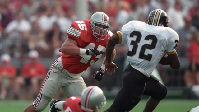 Sep 19, 1998; Columbus, OH, USA; FILE PHOTO; Ohio State Buckeyes linebacker Andy Katzenmoyer (45) in action against Missouri Tigers during the 1998 season at Ohio Stadium. The Buckeyes beat the Tigers 35-14. Mandatory Credit: Matthew Emmons-USA TODAY Sports
