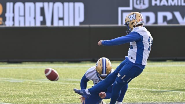 Nov 16, 2023; Hamilton, Ontario, CAN; Winnipeg Blue Bombers place kicker Sergio Castillo (14) kicks a field goal during practice at Tim Hortons Field. Mandatory Credit: Dan Hamilton-USA TODAY Sports  