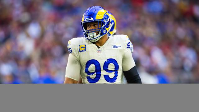 Nov 26, 2023; Glendale, Arizona, USA; Los Angeles Rams defensive tackle Aaron Donald (99) against the Arizona Cardinals at State Farm Stadium.