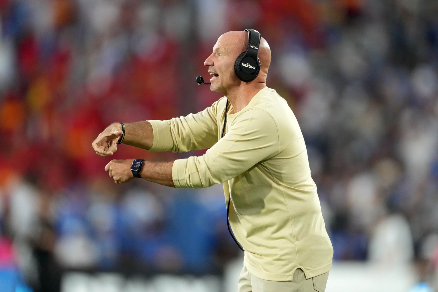 Oct 28, 2023; Pasadena, California, USA; Colorado Buffaloes defensive coordinator Charles Kelly reacts against the UCLA Bruins in the first half at Rose Bowl. UCLA defeated Colorado 28-16. Mandatory Credit: Kirby Lee-USA TODAY Sports  