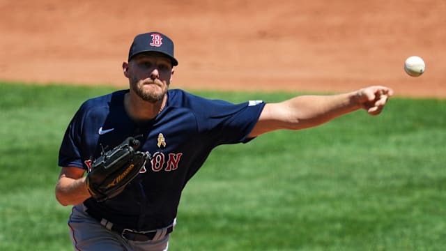 Sep 3, 2023; Kansas City, Missouri, USA; Boston Red Sox starting pitcher Chris Sale (41) pitches during the third inning against the Kansas City Royals at Kauffman Stadium.