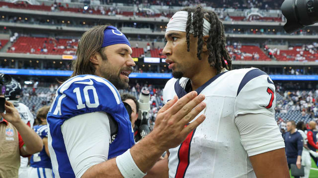 Sep 17, 2023; Houston, Texas, USA; Indianapolis Colts quarterback Gardner Minshew (10) talks with Houston Texans quarterback C.J. Stroud (7) after the game at NRG Stadium.