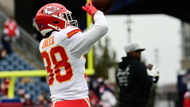 Dec 17, 2023; Foxborough, Massachusetts, USA; Kansas City Chiefs cornerback L'Jarius Sneed (38) warms up before a game against the New England Patriots at Gillette Stadium. Mandatory Credit: Eric Canha-USA TODAY Sports  