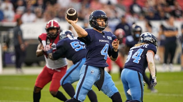 Aug 20, 2022; Toronto, Ontario, CAN; Toronto Argonauts quarterback McLeod Bethel-Thompson (4) passes the ball against the Calgary Stampeders at BMO Field. Mandatory Credit: John E. Sokolowski-USA TODAY Sports  