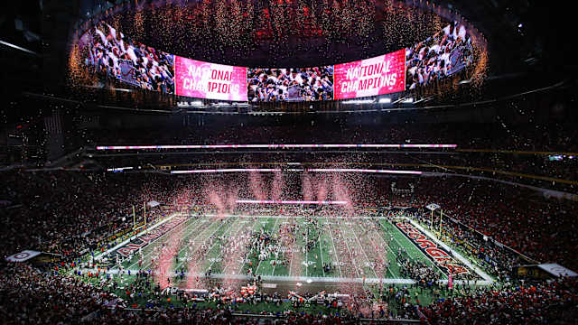 View of the confetti falling as Alabama Crimson Tide wins the game in overtime against the Georgia Bulldogs in the 2018 CFP national championship college football game at Mercedes-Benz Stadium. 