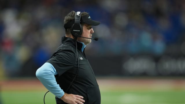May 13, 2023; San Antonio, TX, USA; Arlington Renegades head coach Bob Stoops looks on in the second half against at the Alamodome. Mandatory Credit: Daniel Dunn-USA TODAY Sports  