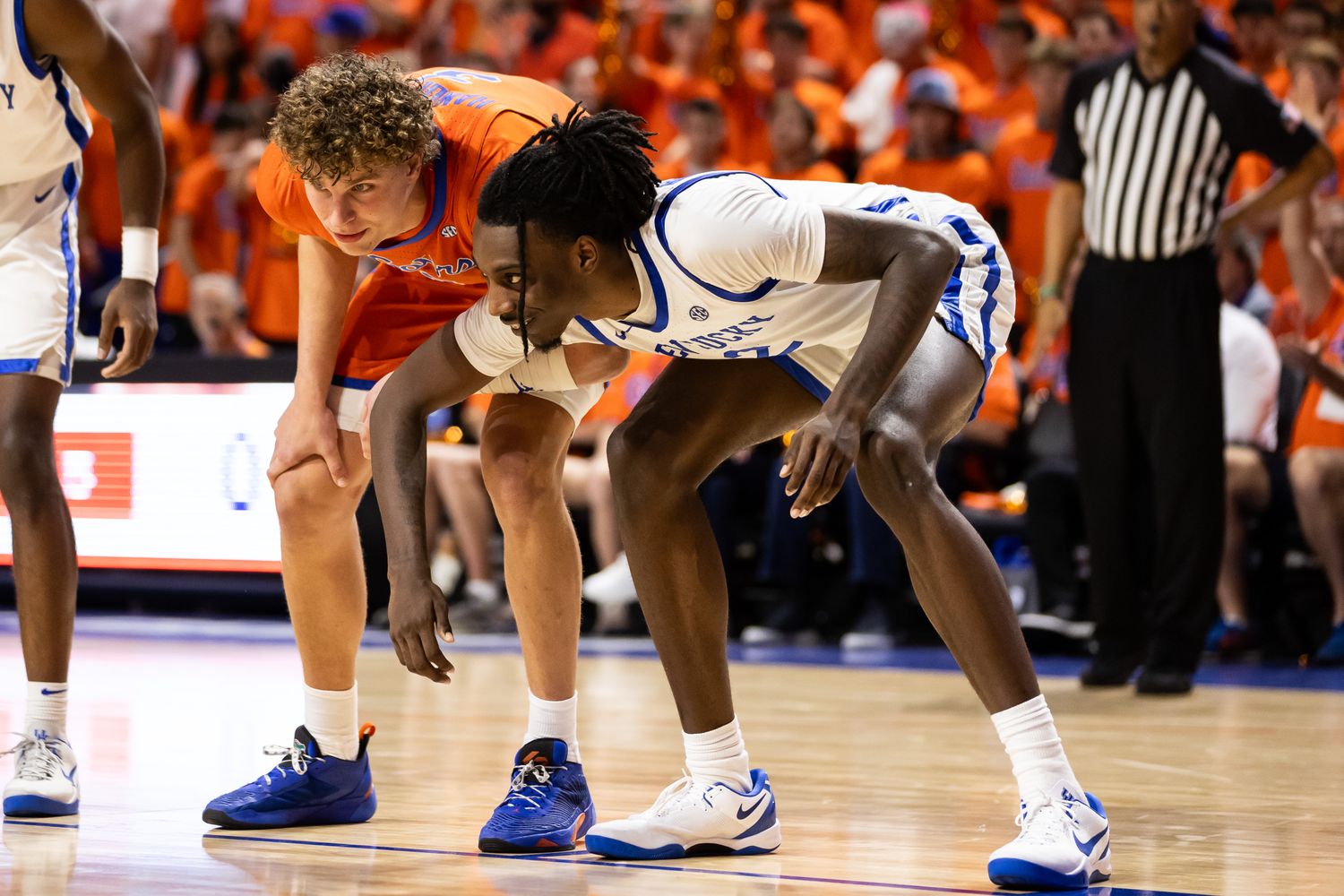 Jan 6, 2024; Gainesville, Florida, USA; Florida Gators center Micah Handlogten (3) and Kentucky Wildcats forward Aaron Bradshaw (2) chat during a free throw during the second half at Exactech Arena at the Stephen C. O'Connell Center. Mandatory Credit: Matt Pendleton-USA TODAY Sports