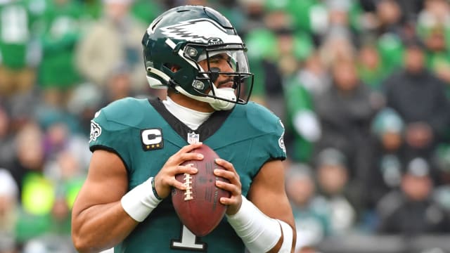 Dec 31, 2023; Philadelphia, Pennsylvania, USA; Philadelphia Eagles quarterback Jalen Hurts (1) against the Arizona Cardinals at Lincoln Financial Field. Mandatory Credit: Eric Hartline-USA TODAY Sports
