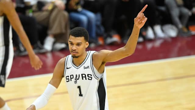 Jan 7, 2024; Cleveland, Ohio, USA; San Antonio Spurs center Victor Wembanyama (1) reacts in the fourth quarter against the Cleveland Cavaliers at Rocket Mortgage FieldHouse.