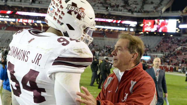 Nov 10, 2018; Tuscaloosa, AL, USA; Alabama Crimson Tide head coach Nick Saban greets Mississippi State Bulldogs defensive tackle Jeffery Simmons (94) following the Tides 24-0 victory at Bryant-Denny Stadium. Mandatory Credit: John David Mercer-USA TODAY Sports