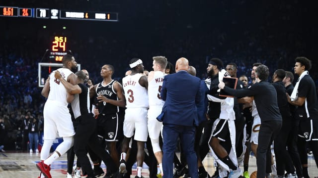  Cleveland Cavaliers and Brooklyn Nets players are separated in the NBA Paris Game at AccorHotels Arena