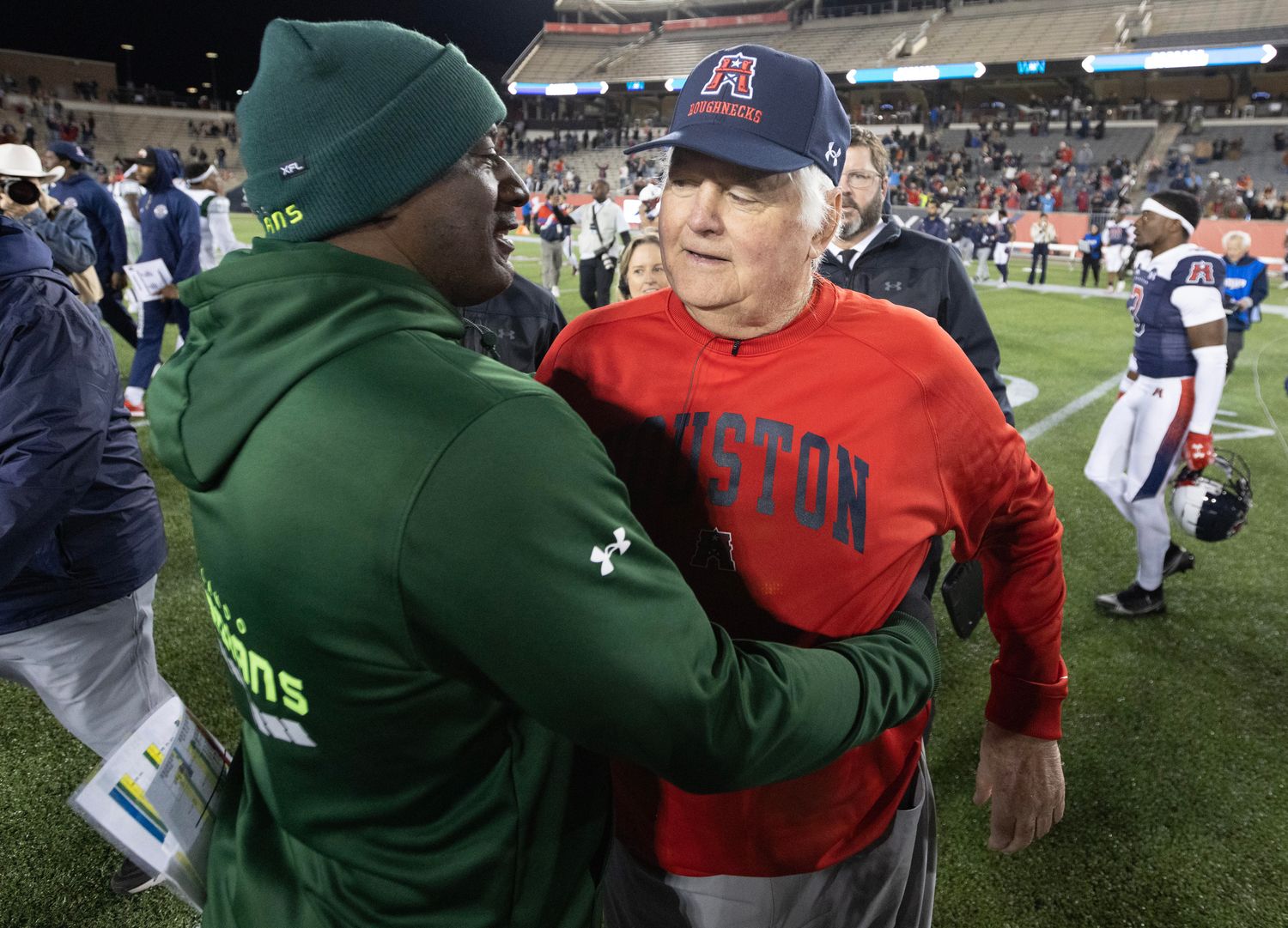 Feb 18, 2023; Houston, TX, USA; Houston Roughnecks head coach Wade Phillips hugs Orlando Guardians head coach Terrell Buckley after the Roughnecks defeated the Guardians at TDECU Stadium. Mandatory Credit: Thomas Shea-USA TODAY Sports 