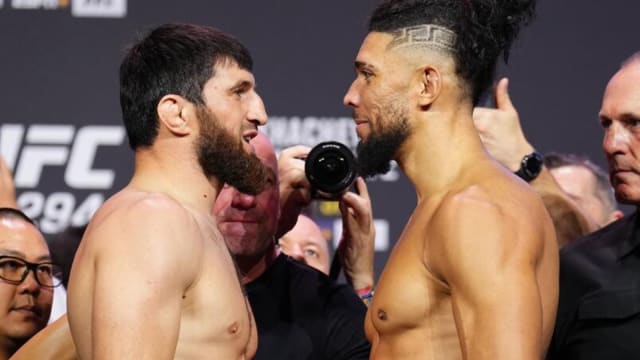Magomed Ankalaev and Johnny Walker stare down before their UFC 294 bout, which ended in a no contest. At UFC Vegas 84, they had their rematch.
